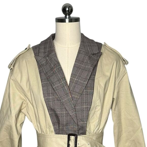 L’ATISTE Tan Plaid Belted Mini Trench Coat | Size L - Picture 10 of 10